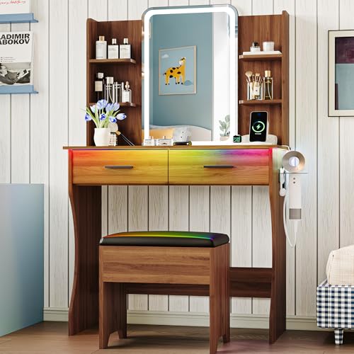 Image of Vanity Desk with LED Lights Mirror & Power Outlet, Small Makeup Vanity Table Set with Storage Drawers & Chair, 3 Lighting Modes & Adjustable Brightness, Dressing Table for Women Girls Bedroom, Walnut