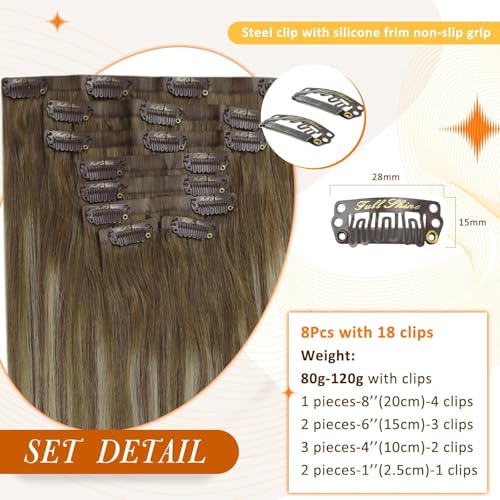 Image of Full Shine Balayage Clip in Hair Extensions, Chestnut Brown Platinum Blonde | Remy Human Hair, 20 Inch 120g 8 Pcs, Seamless PU Weft, Balanced Length and Volume, Heat Styling, Daily Wear, Offic Chic