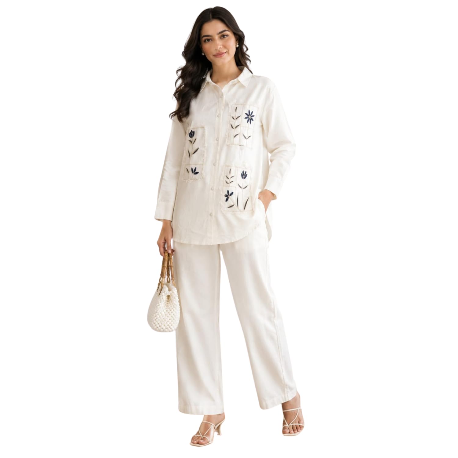 vemes Women's Pure Cotton Embroidered Co-Ord Set | Regular Fit Shirt & Straight Pant Set | Full Sleeve Collared Neck | Two Piece Casual Office Travel Lounge Wear-picture-56