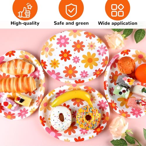 Image of Qyeahkj 50 PCS Summer Groovy Daisy Oval Paper Plates Large 11 inch Disposable Retro Daisy Party Decorations Hippie Boho Flower Supplies Favor for 60s 70s Birthday Baby Shower Wedding Party Tableware Set