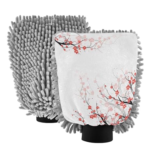 ALAZA Red Cherry Blossom Flowers Floral Car Wash Mitt Scratch Free, 2 Pack Absorbent Microfiber/Chenille Washing & Drying Mitts, M
