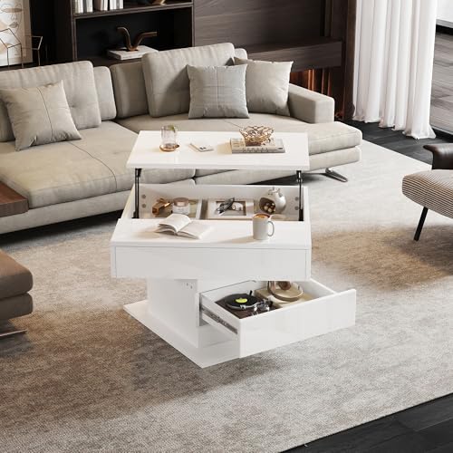 HaoChrymec Mesa de Centro de Tablero Aglomerado con Tapa Giratoria 360° y Elevable, Mesa de Centro con Cajón y Almacenamiento Oculto, para Salón y Sala de Estar, Blanco, 70x70x45cm