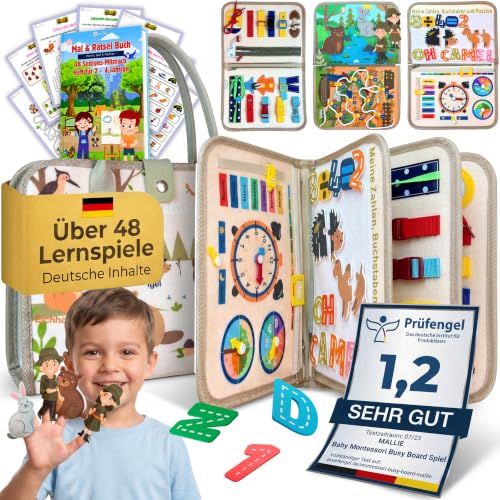 Mallie Montessori Busy Board ab 1 2 3 4 Jahren inkl. Gratis Mal & Rätsel 48-Seiten Heft mit Rollenspiel-Set & Fingerpuppen Lernbuch - Feinmotorik & Konzentration Quiet Book Activity Board Quiet Book