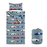 Wake In Cloud - Sleeping Bag Zippered, Nap Mat with Matching Pillow for Kids Boys Girls Sleepover Overnight Travel Slumber Bag, Sports Race Cars Supercars on Gray Grey, 100% Soft Microfiber