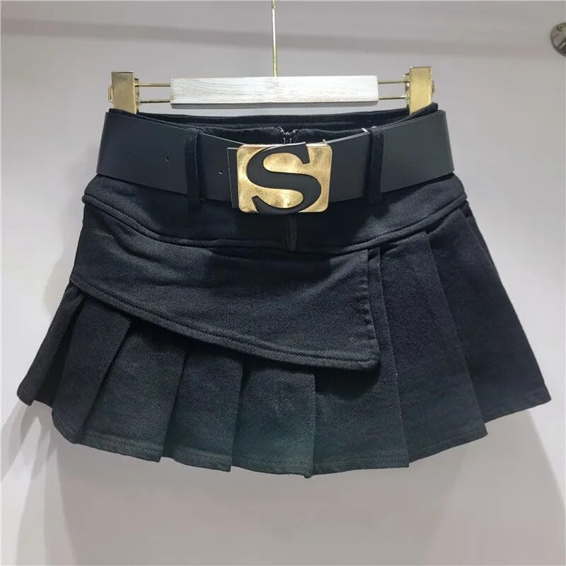 Women's Denim Skirt Solid Color Asymmetric Folds Retro A-Line High Waist Belt Short Mini Skirts4