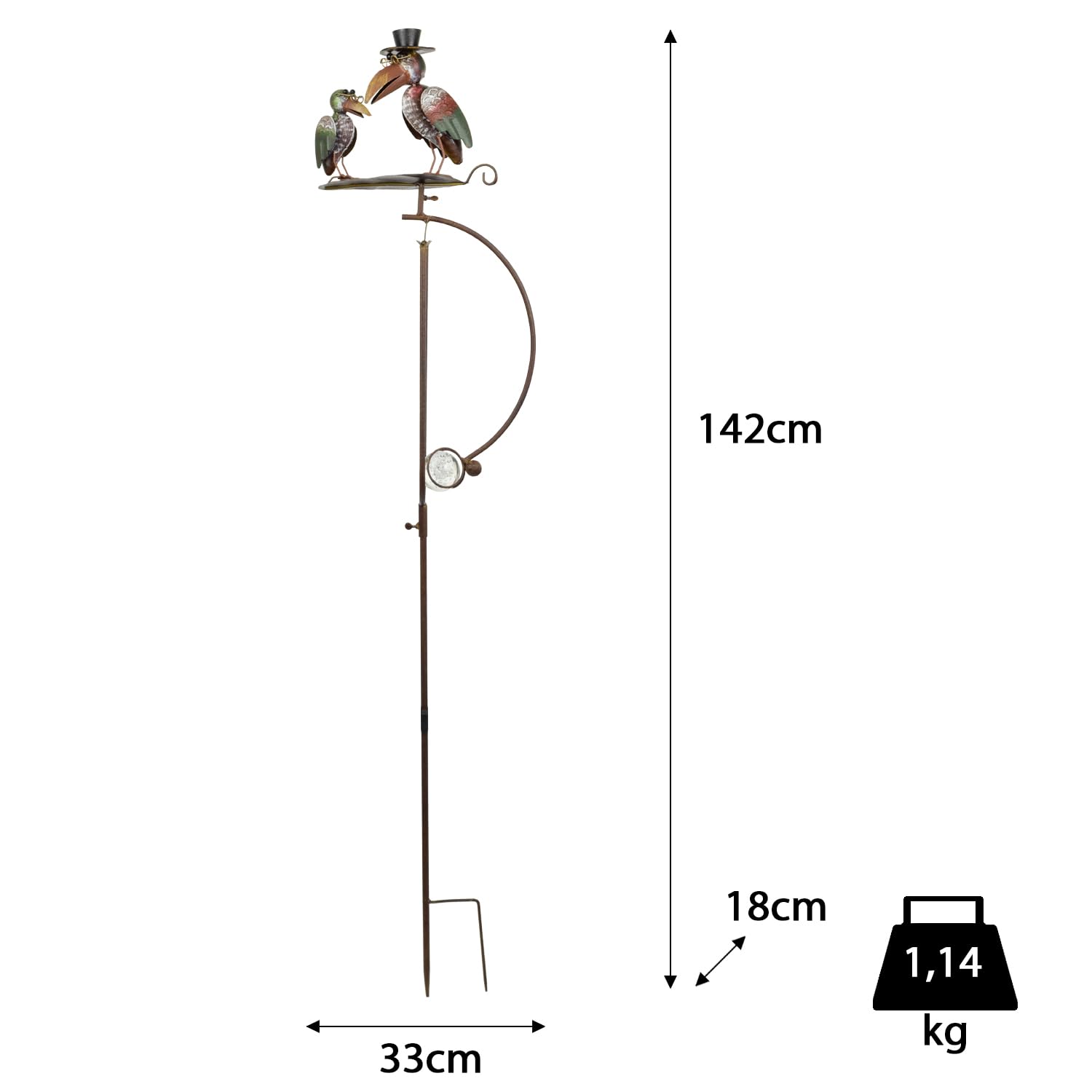 Piquet de jardin décoratif en métal - 150 cm de haut - 2 oiseaux amusants avec cylindre et lunettes sur cadre pendulaire - Résistant aux intempéries - Figurine de décoration de jardin mobile avec