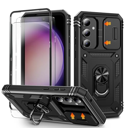 for Samsung S23 FE Case with Camera Cover Slider 2*Screen Protectors Build in 360Rotating Ring Kickstand Military Grade Protective Case for Samsung Galaxy S23 FE 6.4-Black