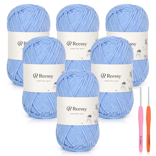 Image of Skinny Chenille Yarn for Crocheting - 6 Pack of 50g /158yd (948yd Total) - Soft Matte Thin Chenille CYC #2 - Fine Weight Baby Yarn for Plush Toys, Baby Blankets & Small Crafts(Light Blue)