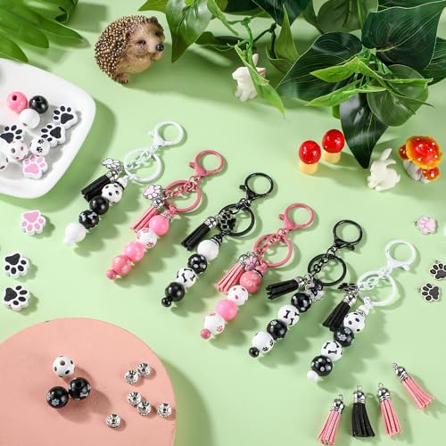 Landical 12 Sets Metal Beadable Keychain Bars with Wood Dog Paw Bone Beads Wooden Beads Bulk Pets Footprint Charm Animal Beads Keychain Kit for Kids Easter DIY Craft Party Decor (Pink, Black, White) Landical 12 Sets Metal Beadable Keychain Bars with Wood Dog Paw Bone Beads Wooden Beads Bulk Pets Footprint Charm Animal Beads Keychain Kit for Kids Easter DIY Craft Party Decor (Pink, Black, White)