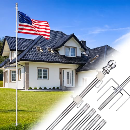 Flag Pole for Outside House in Ground - 8.5ft Adjustable 5 Pronges Stake Base - Heavy Duty Outdoor Inground Flag Pole Kit For Front Yard Garden Camper 1 Portable Flagpoles Residential Stand