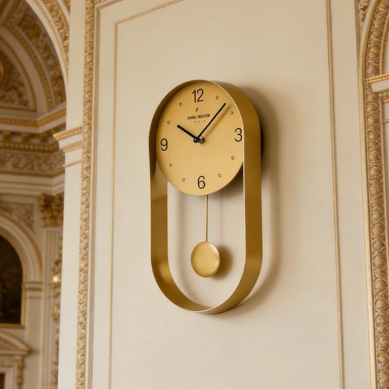 Image of Daniel Hechter Paris Aveyron Collection Wall Clock, Silent Sweep Non-Ticking Quartz Movement,15.75Inch(40 cm) Gold Dial, Oval All-Metal Frame,Metal Pendulum,Modern Clock for Home & Office - DHCL1006