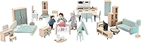 Vista 10 de Giant bean Juego de muebles de casa de muñecas de madera de 36 piezas, 5 habitaciones y 4 muñecas familiares, accesorios de madera y plástico azul