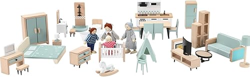 Miniatura 10 de Giant bean Juego de muebles de casa de muñecas de madera de 36 piezas, 5 habitaciones y 4 muñecas familiares, accesorios de madera y plástico azul,