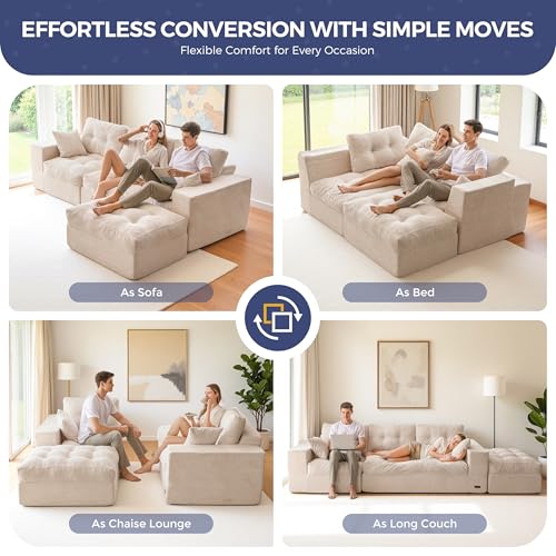 Image of MAXYOYO L Shape Sectional Sofa Couch and Round Chaise Lounge, Modern Cloud Couch with Ottoman, Comfy Sofa with Layered Cushion, Tufted Upholstered Sleeper Chair for Living Room, No Assembly Required