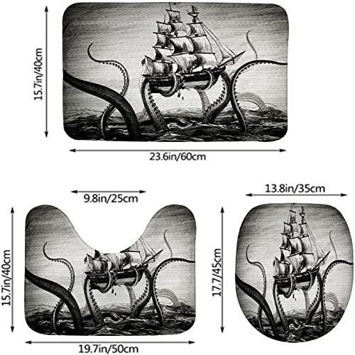 Badezimmerteppich-Set, 3-teilig, Comic-Ozean-Oktopus-Piratenschiff, waschbare Badeteppiche, rutschfest, mit Rückenpolster, Konturteppich und Toilettendeckelbezug – Bild 4