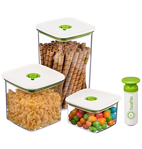 Seal'In Food Storage Vacuum Containers - Set of 3 - Vacuum Sealed, Microwavable and Dishwasher Safe. (Green)
