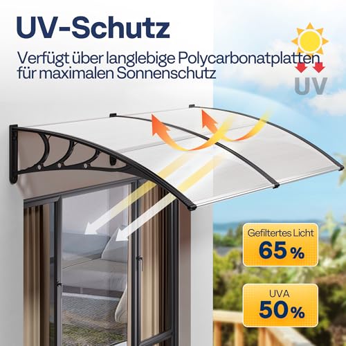 VIVOHOME Vordach für Haustür Fenster Markise 200×100cm Polycarbonat gespleißte Überdachung transparent Pultbogenvordach mit schwarzer Halterung für Sonnenschutz und Regenschutz