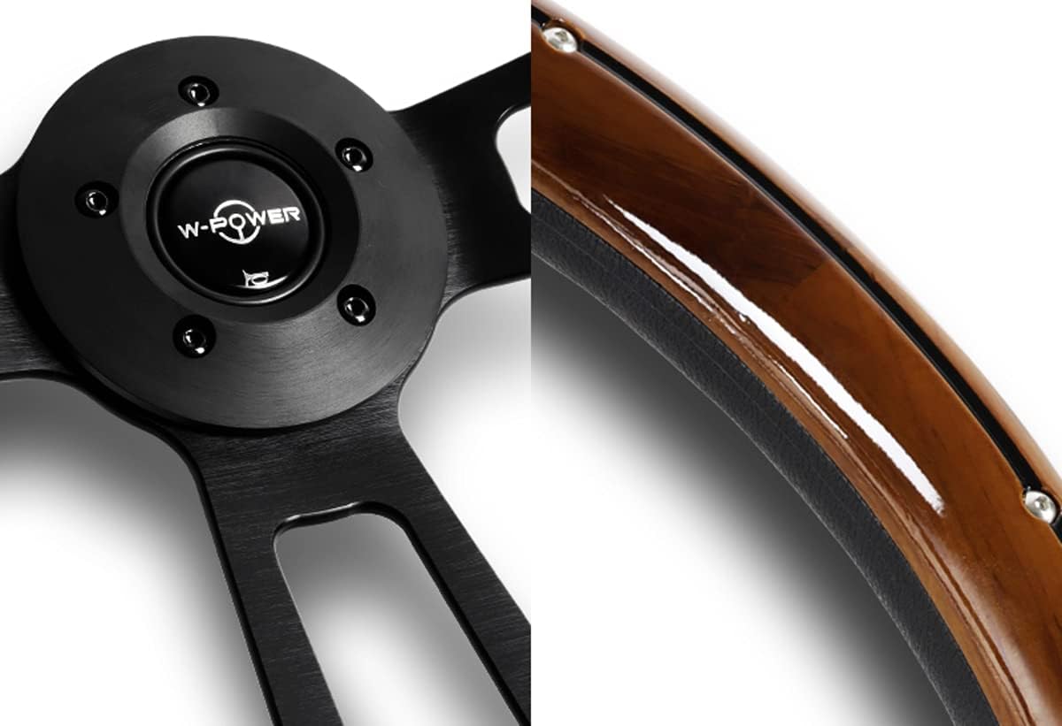 W-Power, 18" Universal 457mm 5 Bolt Hole 2.5 Inches Deep Dish Vintage Dark Wood Style with Aluminum Polished Dark Wood Grip Steering Wheel, Black Horn Button, Black 3-Spoke
