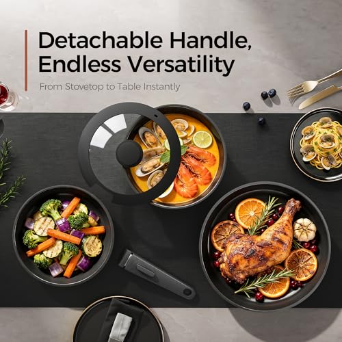 Image of 16PCS Pots and Pans Set Non Stick, Diamond-Titanium Ceramic Cookware Set & 3 Layer Stainless Steel with Detachable Handle, Induction Cookware, Non Toxic Oven /Dishwasher Safe, Black
