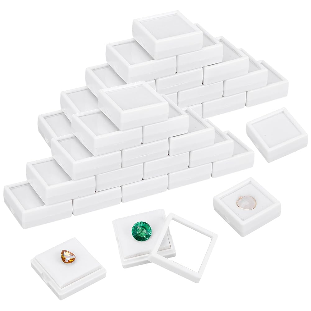 48Pcs White Gemstone Display Box, 1.57x1.57x0.6Inch Plastic Transparent Bare Stone Box Square Gem Box with Clear Top Lids for Gems Coins Jewelry Packing