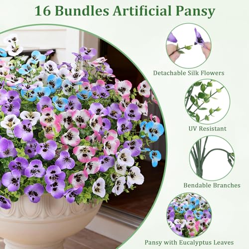 Image of Bassion 16 Bundles Artificial Pansy Flowers for Outdoors Decorations, Mix