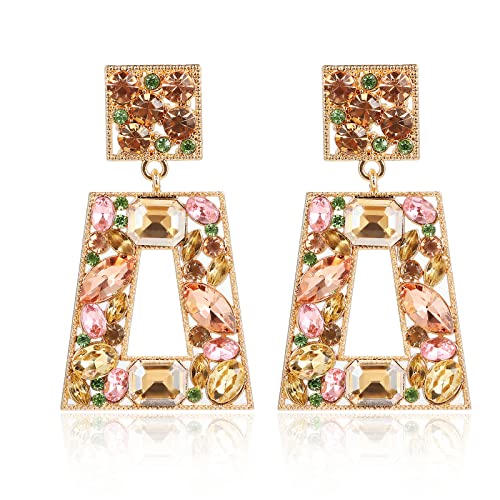Rhinestone Rectangle Statement Earrings Colorful Crystal Geometric Drop Dangle Earrings for Women Prom Party
