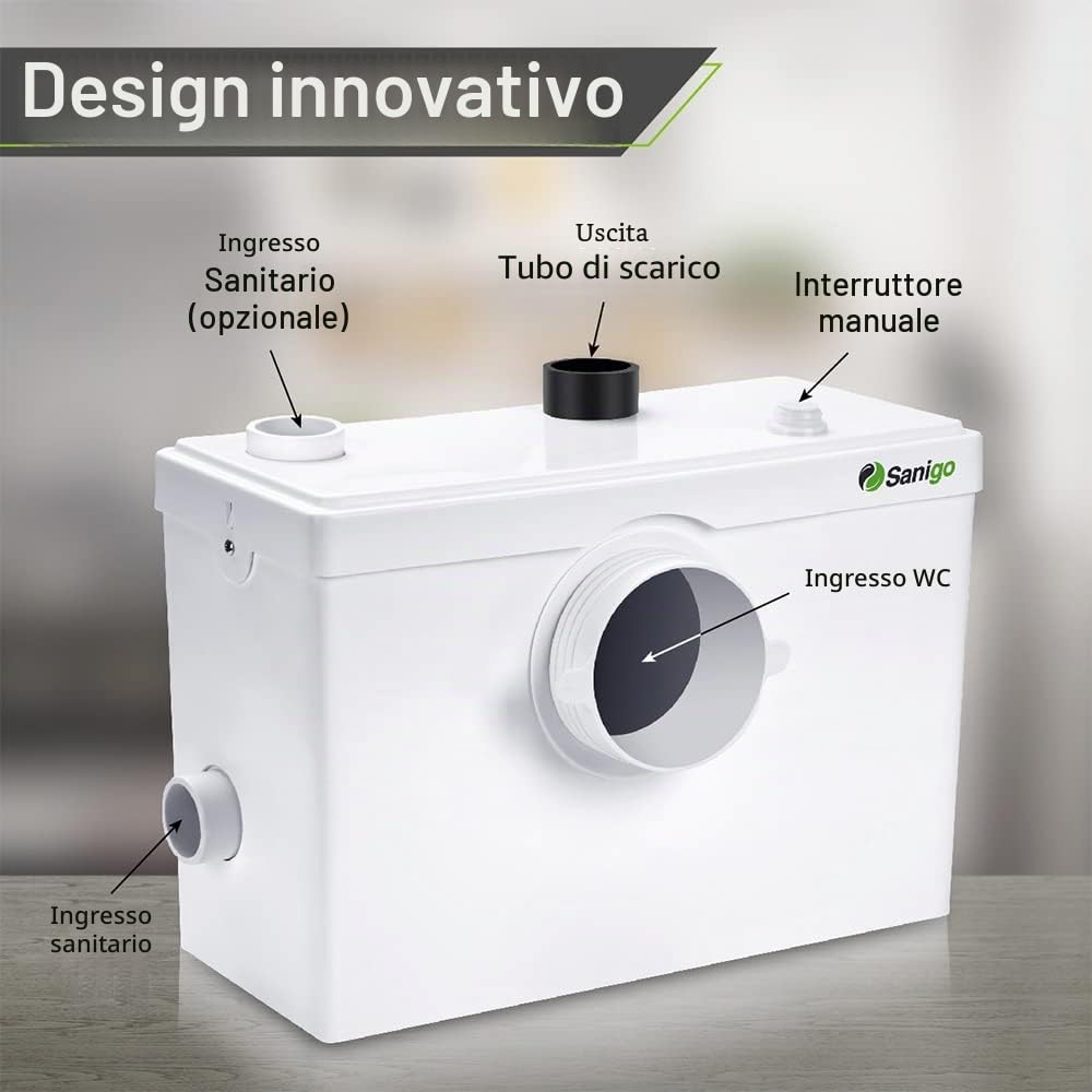 SANI600 Trituratore Sanitario Classico, Pompa Automatica in Acciaio Inox per Eliminare le Acque Reflue, Silenziosa, 3/1 ingressi per WC e lavabo, 600W, Bianco