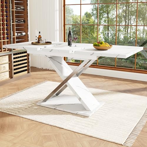 Extendable dining table, kitchen/living room table, extendable table, extendable to 160 cm with the aid of an internal insert panel, dining table with golden cross legs (White+Silver)