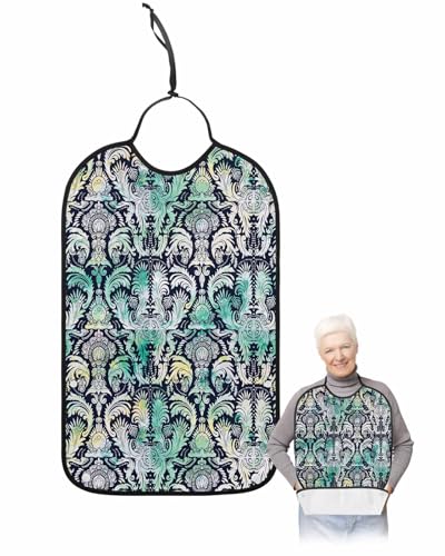 LEOKOTI Teal Ombre Abstract Adult Bibs for Eating, Waterproof Bibs with Food Catcher & Adjustable Snap Closure, Ethnic Modern Geometric Aesthetics Washable Clothing Protectors Adult Bibs for Elderly