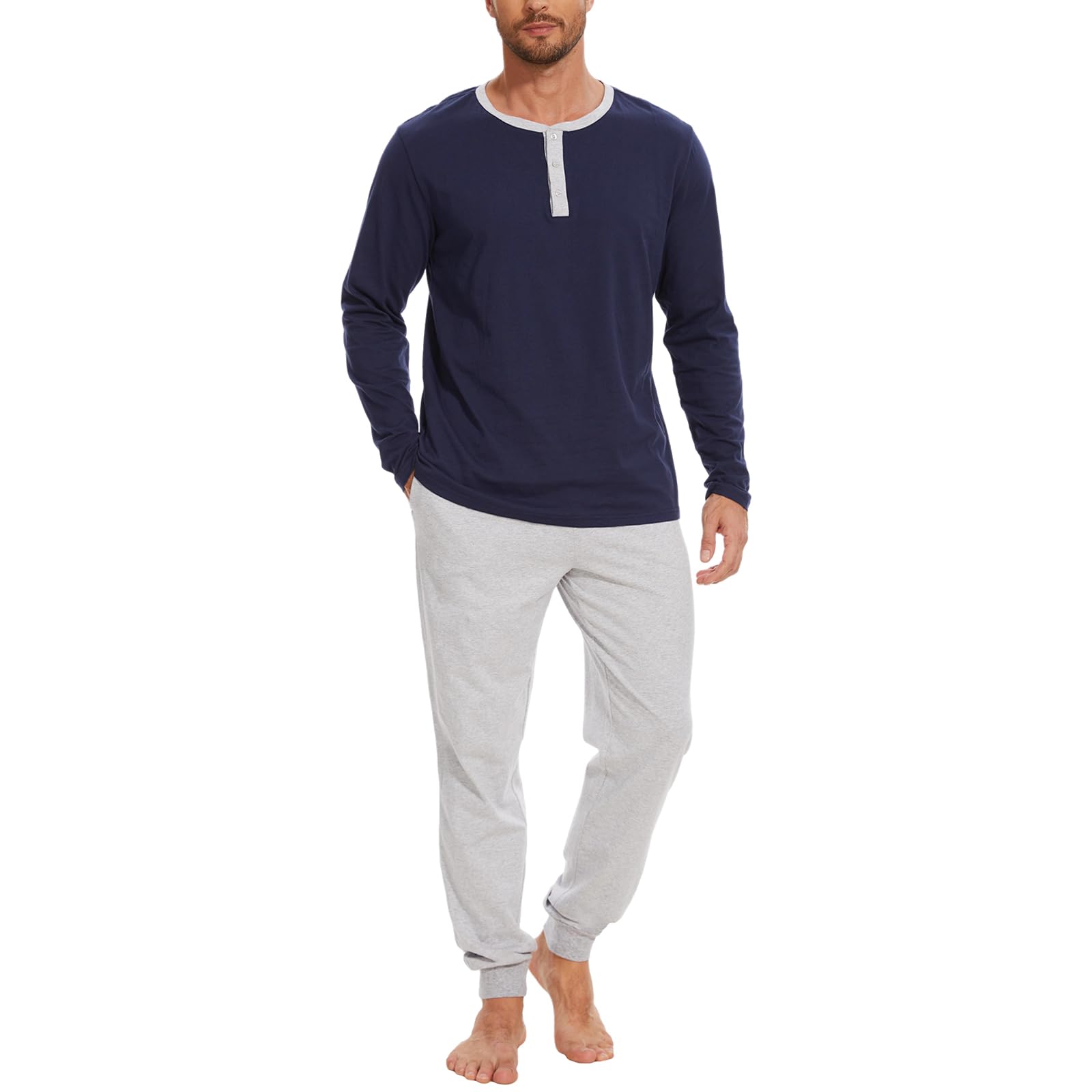 Men's Pajama Set with Henley Neckline 100% Cotton Soft and Comfortable Nightwear 2-Piece Lounge Set