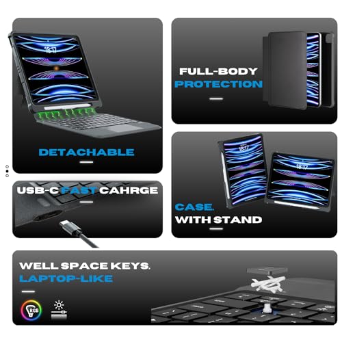 Image of iPad Pro 12.9 Case with Keyboard: Detachable Wireless iPad Pro 12.9 Keyboard 6th 5th 4th 3rd Gen, iPad 12.9 Case with Key Board & Pencil Holder | Multi-Touch Trackpad, Backlits, Front Back Protection