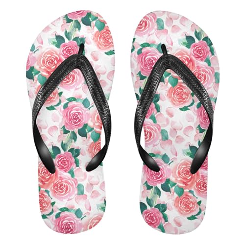 Sinestour Pink Rose Green Leaf Flip Flops for Beach Thong Sandals Anti-slip Lightweight Flat Slippers for Summer Swim Travel