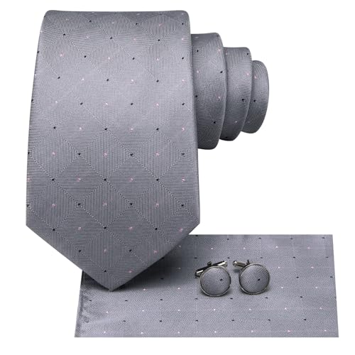 Image of Hi-Tie Mens Plaid Ties Classic Paisley Necktie with Handkerchief Cufflinks Set Business Stripe Tie