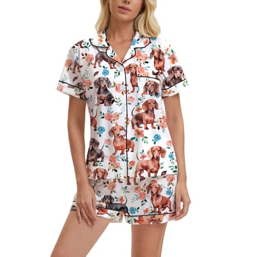 QIYEXING Womens Pajama Sets Button Down Short Sleeve Top and Shorts Lounge Set Pattern Print Two Piece Sleepwear Jammies Outfits (US Alpha Large Regular Regular Dachshund-1)