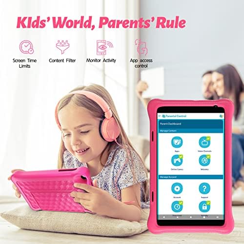8 inch Tablet for Kids, Android 11 Kids Tablet with Parental Control, Kidoz Installed, 4000 mAh, HD Display, 32GB, Dual Camera, WiFi, Bluetooth, Children Learnig Tablet with Kid-Proof Case, Pink