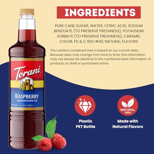 Image of Torani Raspberry Syrup 1L with Pump Berry Flavoring for Coffee & Lemonades