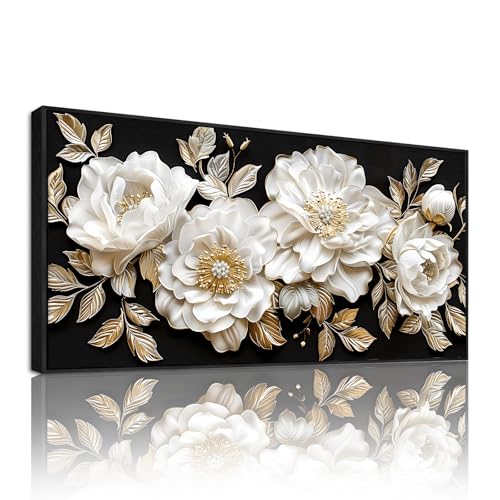 SERIMINO Canvas Wall Art Large, Natural Floral Pictures, Modern Aesthetics Framed Painting, White Gold Flowers Wall Decorations for Living Room Bedroom Garden Hallway Office Gallery 29"x57"