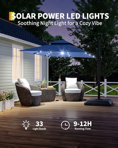 10' x 10' Heavy Duty Cantilever Patio Umbrella with Solar LED Lights & Weighted Base, 2-Tier Square Aluminum Offset Umbrella with 360-Degree Rotation for Backyard, Deck, Pool, Navy Blue