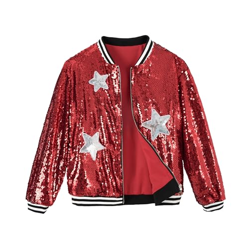 Image of LOLANTA Girls Sequin Bomber Jacket with Pockets Zipper Long Sleeve Sparkle Baseball Jackets, Red, 11-12 Years, 160