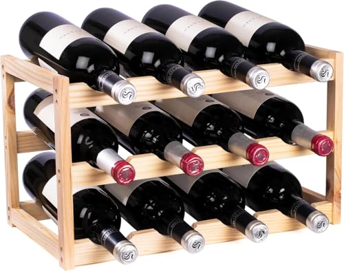 Soporte para Botellero de Madera para Vino, Estanterías para Botellas de Vino de 3 Niveles para 12 Botellas de Vino, Estante de Almacenamiento para Exhibición de Vinos, Ideal para Hogar, Bar y Bodegas