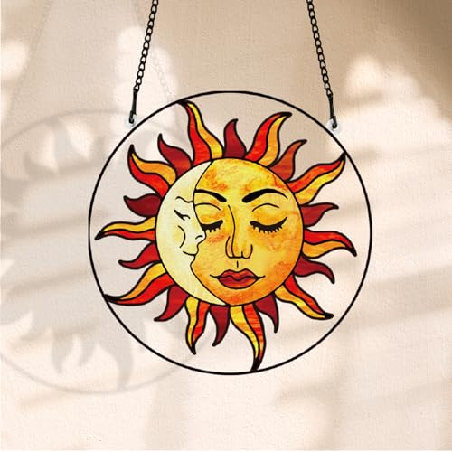 PLIGREAT Sun and Moon Suncatcher Stained Glass Suncatchers Boho Sun Catcher Window Hanging Decoration with Metal Chain Glass Panel Decor for Living Room Garden Christmas Decor Thanksgiving Gifts - Image 2