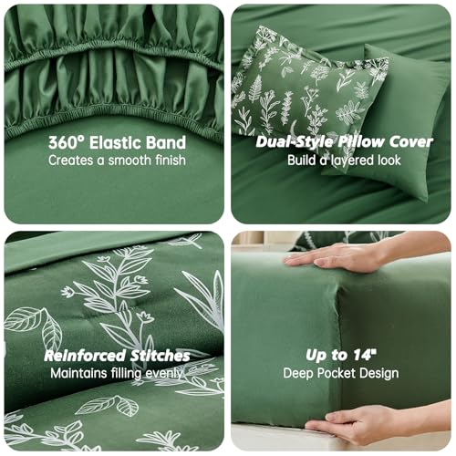 Image of MUXHOMO Dark Green King Comforter Set, Elegant Floral Print Bed in a Bag 7 Pieces, Ultra Soft & Breathable Reversible Botanical Pattern Bedding Set with Comforter, Sheets, Pillowcases, and Shams