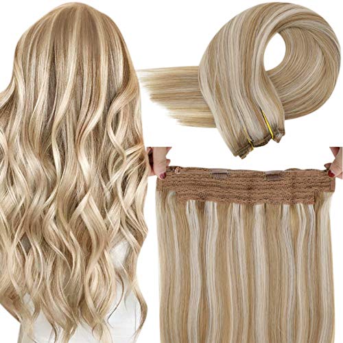 LaaVoo Highlight Fish Line Real Hair Extensions Blonde Fish Wire Extensions Human Hair Highlight Light Golden Brown to Light Blonde Fish Line Couture Hair Extensions for Women 80g 14"
