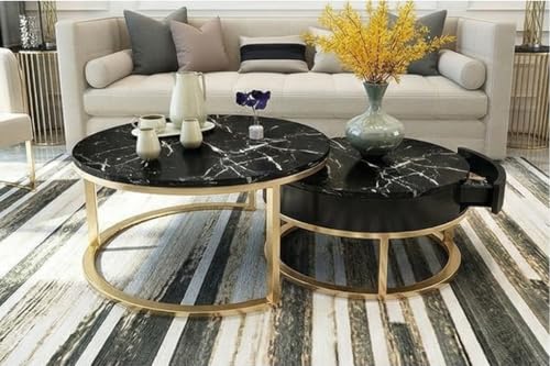 Image of Furniture Cafe Luxury Round Coffee Table with Marble White Finish Top & Gold Metal Frame | Modern Center Table for Living Room | Elegant Sofa Centre Table (Gold Finish)