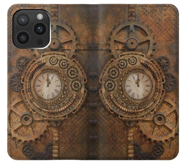 Étui iPhone 15 Pro Max cuir Clock Gear Steampunk, housse luxe - 3