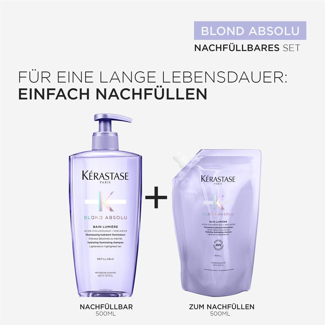 Kérastase Blond Absolu Bain Lumière Nachfüllset, Feuchtigkeitsspendendes Shampoo für blondes/blondiertes Haar, Enthält: Blond Absolu Bain Lumière 500 ml im Pumpspender sowie 500-ml-Nachfüllpackung