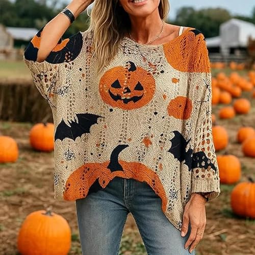 Pumpkin Crochet Sweater, Women's Halloween Pumpkin Print Long Sleeve Knit Top, Halloween Sweaters for Women 20254