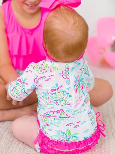 Image of RuffleButts Baby Girls UPF 50+ Sun Protection Floral Printed Long Sleeve One Piece Rash Guard Swimsuit with Zipper