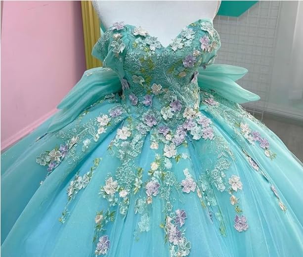 dideyttawl 3D Flower Tulle Prom Dress Off Shoulder Big Bow Full-Length Dresses for Sweet 163