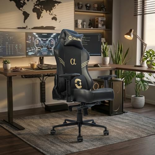Image of CELLBELL Alpha Multi Functional Ergonomic Gaming Chair with Footrest Premium Fabric Magnetic Neck Lumbar Pillow 4D Armrests 180 Degree Recline Class 4 Hydraulic Metal Base 60mm Wheels (Black)